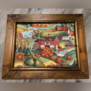 Vintage Wood Framed Quilted Fabric‎ -Fall Pumpkin Farm